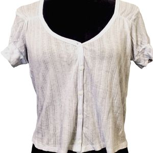 Moda Intl button down scoop neck light baby blue short sleeve knit blouse